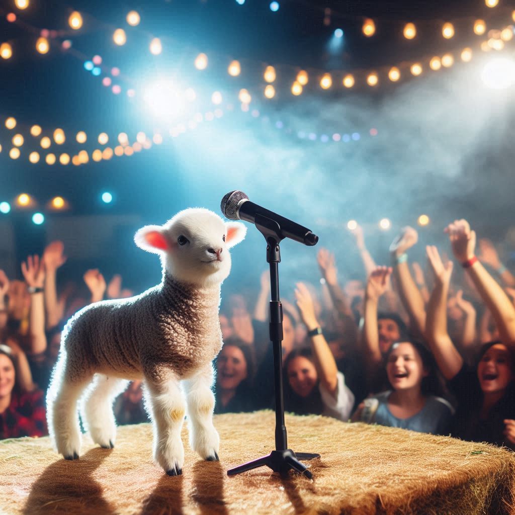 Quelle: https://copilot.microsoft.com

Prompt: a small lamb on a stage singing karaoke, looking into a crowd of people...