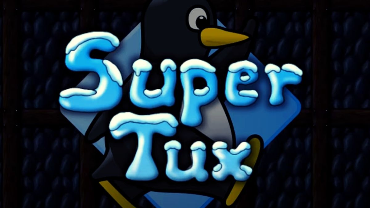  Logo des Spiels SuperTux. Der Name des Spiels in verschneitem Font vor dem Hintergrund eines laufenden Pinguins